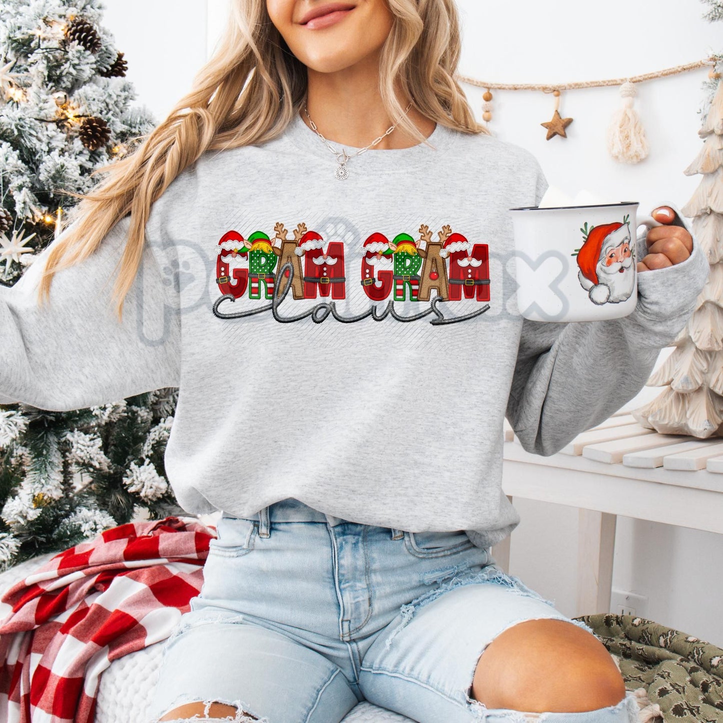 Unisex Faux Embroidery "Claus" Christmas Sweatshirt – Festive Holiday Pullover