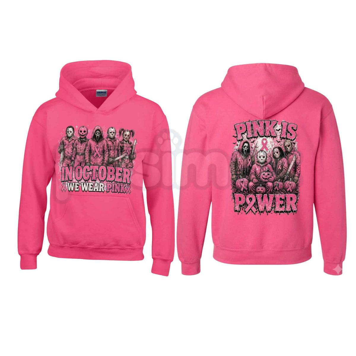 Heliconia Horror October Hoodie – In October We Wear Pink Scary Movie Character Pumpkin Bat Graphic Pullover, Halloween Breast Cancer Awareness Sweatshirt