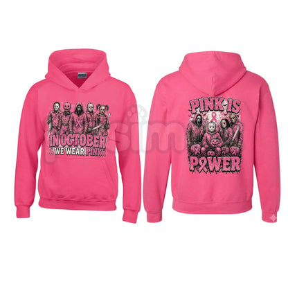 Heliconia Horror October Hoodie – In October We Wear Pink Scary Movie Character Pumpkin Bat Graphic Pullover, Halloween Breast Cancer Awareness Sweatshirt