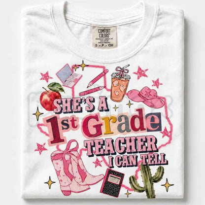 Comfort Colors® "She's A Teacher, I Can Tell" & "Teacher Ellas Fellas" Graphic T-Shirts – Retro Funny Educator Tees, Cute Back-to-School Teacher Gift Bundle, Whimsical Classroom Spirit Unisex Tops