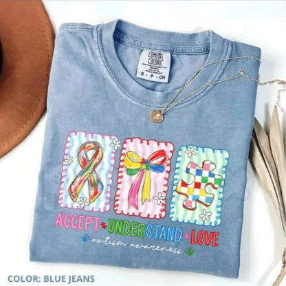Comfort Colors® Autism Accept, Understand, Love T-Shirt – Trendy Coquette Bow Autism Mama Graphic Tee, Puzzle Piece Faith & Love Awareness Shirt