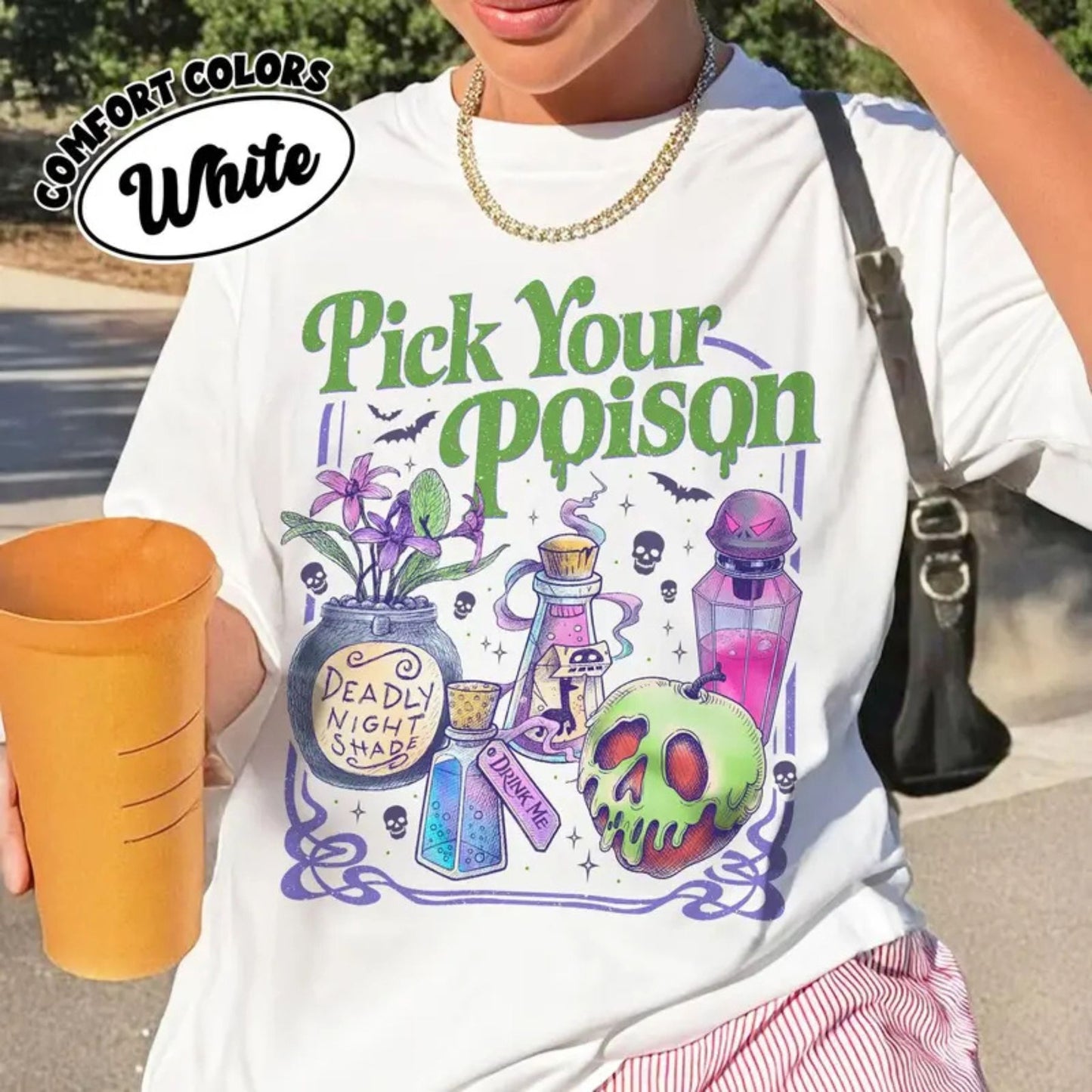 'Pick Your Poison' Vintage Disney Villain Tee – Halloween Potion Shirt, Wicked Humor Top, Spooky Retro Apparel
