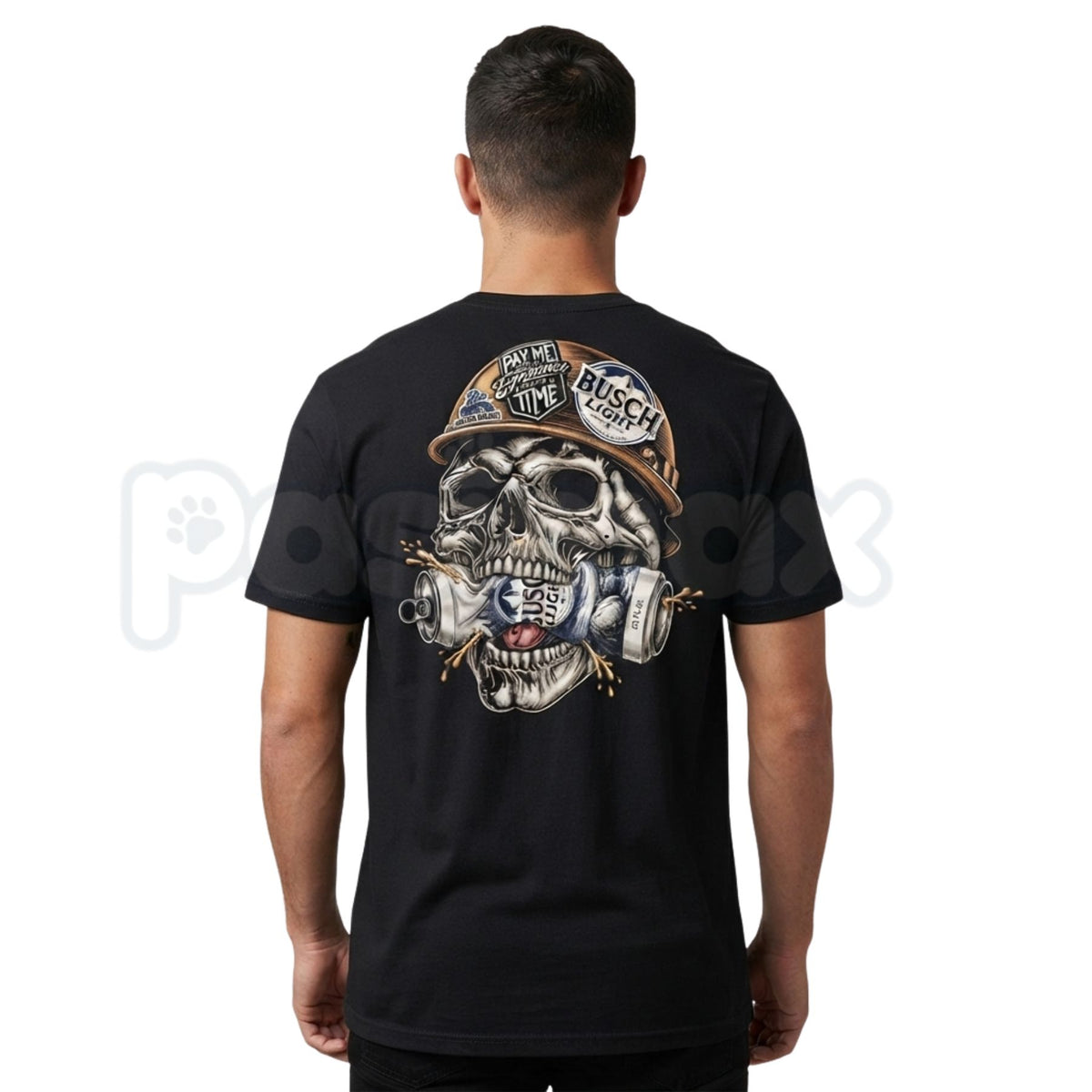 Skull Hard Hat Beer Can Back Print T-Shirt – Blue Collar Biker Graphic Tee