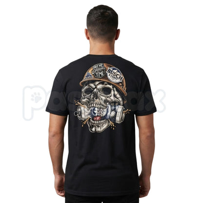 Skull Hard Hat Beer Can Back Print T-Shirt – Blue Collar Biker Graphic Tee