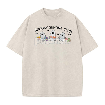 "Spooky Señora Club" Vintage Acid Wash T-Shirt – Unisex Graphic Shirt, Retro Vibe