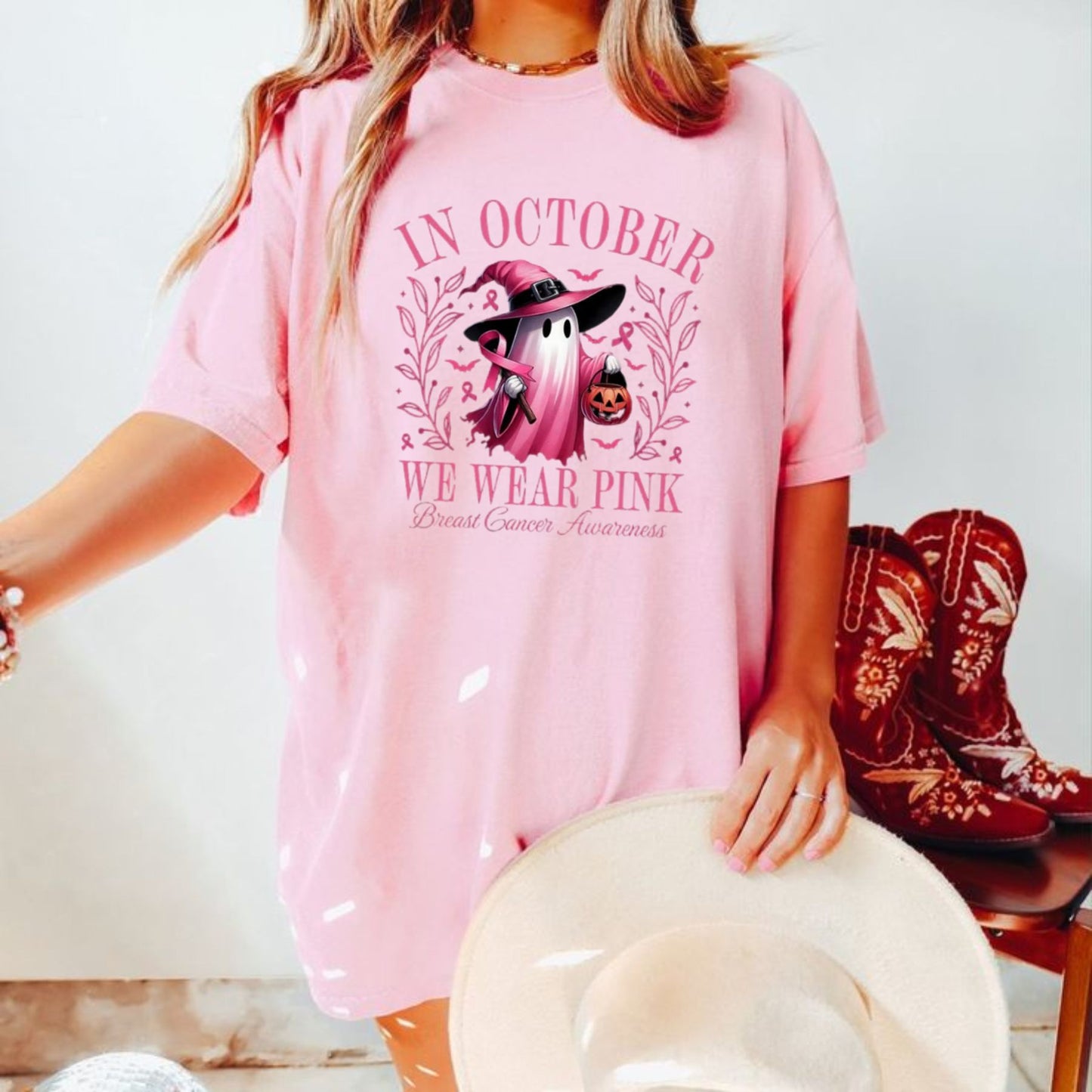 In October We Wear Pink Ghost T-Shirt - Breast Cancer Awareness & Halloween Tee, Pink Ribbon Shirt