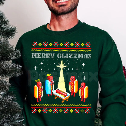 Retro Glizzy Squad Christmas Sweatshirt | Vintage Hot Dog Holiday Jumper | Merry Glizzmas Funny Graphic Tee | Food Pun Gift