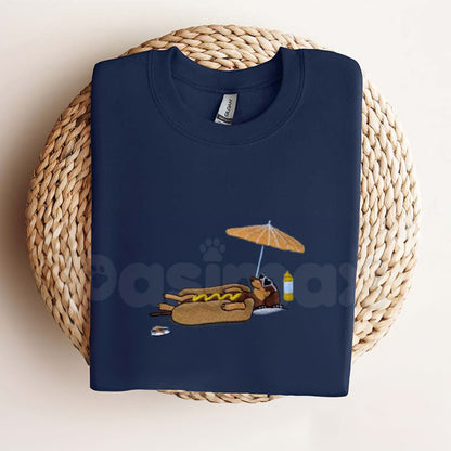 Hot Dog On Beach Dachshund T-Shirt – Embroidered Summer Tee, Funny Doxie Shirt for Beach Lovers & Dog Moms