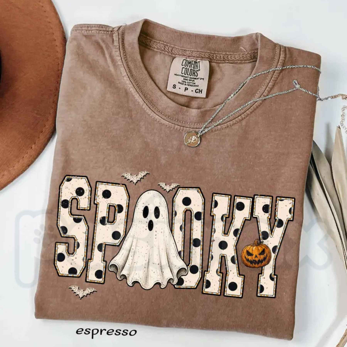 Comfort Colors® Retro Spooky Halloween Ghost T-Shirt – Preppy White Dots Spooky Season Graphic Tee, Cozy Fall Unisex Top & Gift