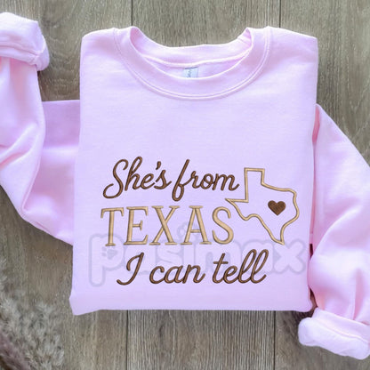 "She's from Texas" Embroidered Sweatshirt – Texas Outline & Heart Design Crewneck