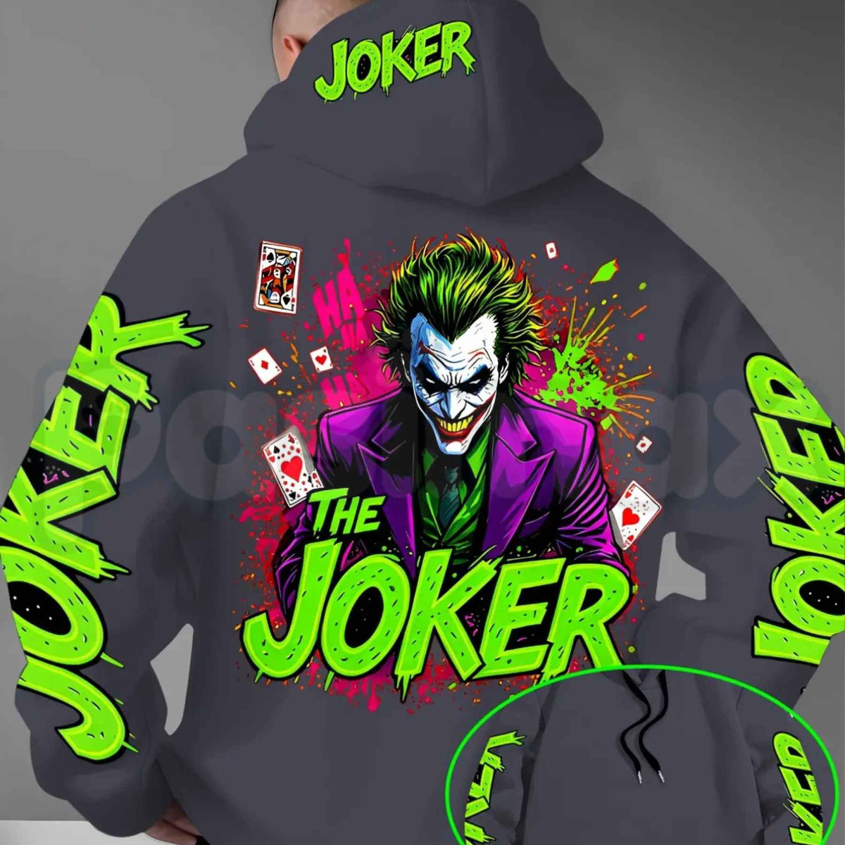 Men's Fluorescent Joker Print Hoodie – Neon Villain Graphic Pullover, Edgy Streetwear Cyberpunk Sweatshirt, Spooky Dark Comedy Gift