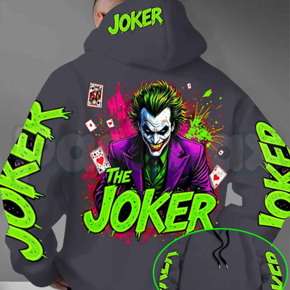 Men's Fluorescent Joker Print Hoodie – Neon Villain Graphic Pullover, Edgy Streetwear Cyberpunk Sweatshirt, Spooky Dark Comedy Gift