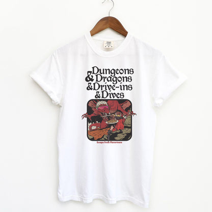 Vintage Food & Fantasy Tee – Dungeons and Dragons and Drive-Ins T-Shirt, Funny Comfort Colors Shirt, Retro Gamer Top, Fantasy RPG Gift