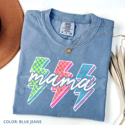 Comfort Colors® Lightning Checkered Neon Mama T-Shirt – Retro Neon Bolt Mom Tee, Aesthetic Checkered Mama Graphic Shirt, Trendy Mother’s Day Gift
