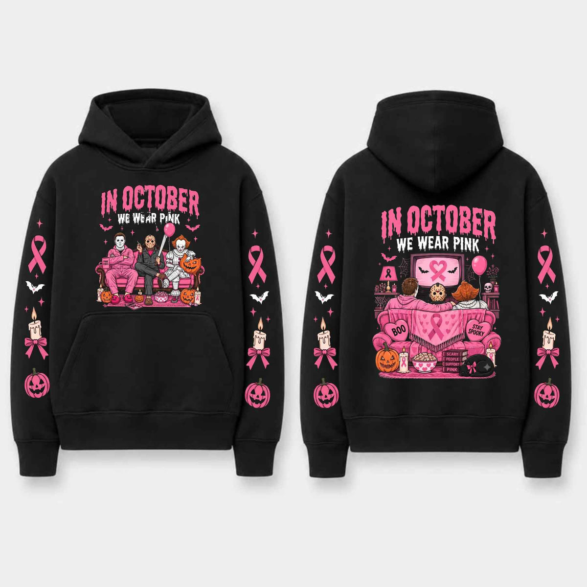 Unisex Pink Breast Cancer Awareness Horror Print Hoodie – Scary Movie Character Graphic Pullover, Halloween Pink Ribbon Support Sweatshirt