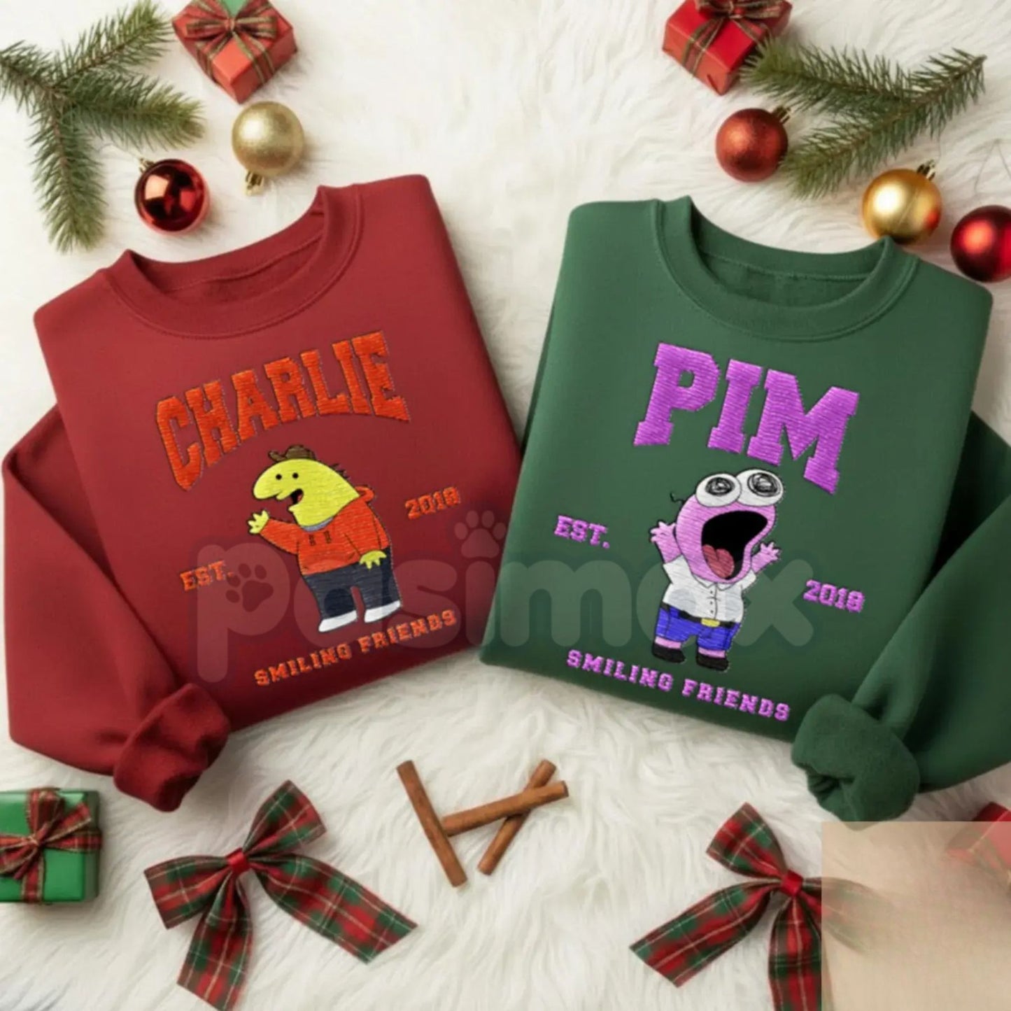 Cute Friendship Stitch Christmas 2025 Crewneck – Smiling Friends Embroidered Sweater