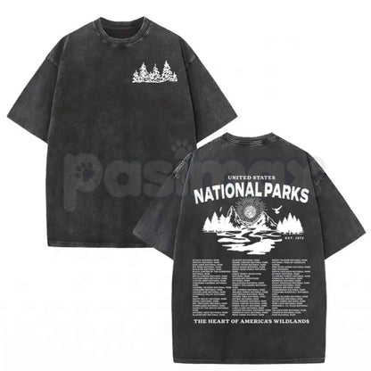 Vintage Wash National Parks Graphic Tee – Oversized Acid Wash T-Shirt, Retro Outdoor Nature Mountain Lightweight Cotton Unisex Top