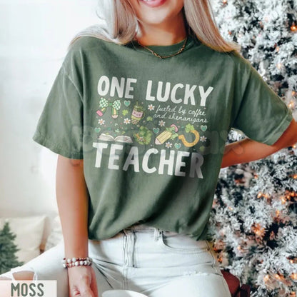 Comfort Colors® One Lucky Teacher St. Patrick's Day T-Shirt – "Fueled By Coffee and Shenanigans" Tee, Retro Shamrock Teacher Shirt, Lucky Educator Graphic Top