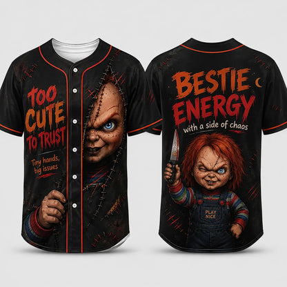 Unisex Horror Graphic Print Baseball Jersey – Slasher Theme Button-Up & Spooky Party Wear