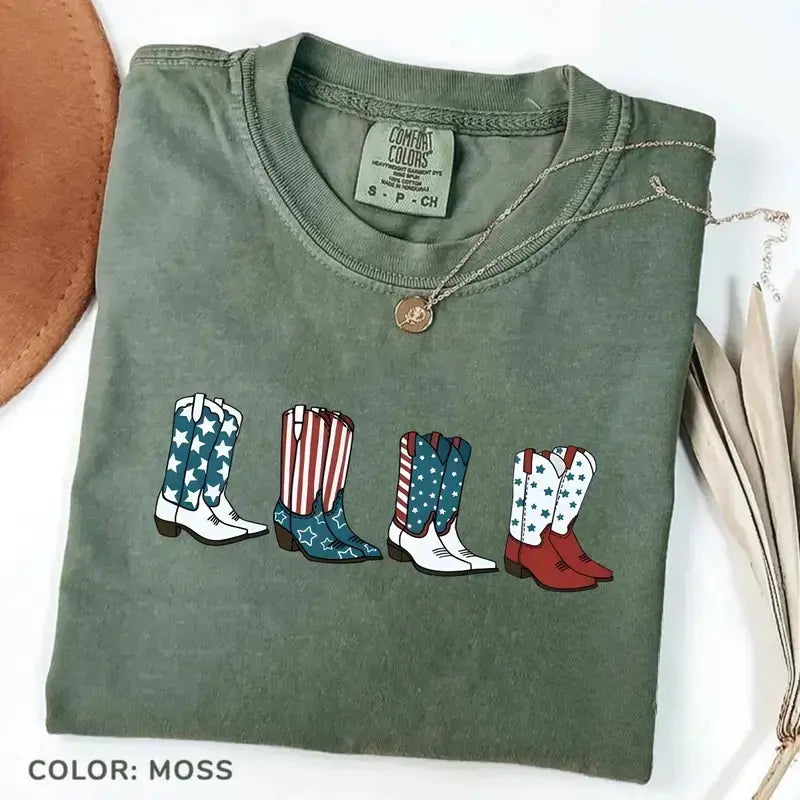 Comfort Colors® Patriotic Cowboy Boots T-Shirt – Fourth of July Western Graphic Tee, Retro Americana Cowgirl Shirt, Cute USA America Top