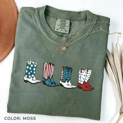 Comfort Colors® Patriotic Cowboy Boots T-Shirt – Fourth of July Western Graphic Tee, Retro Americana Cowgirl Shirt, Cute USA America Top