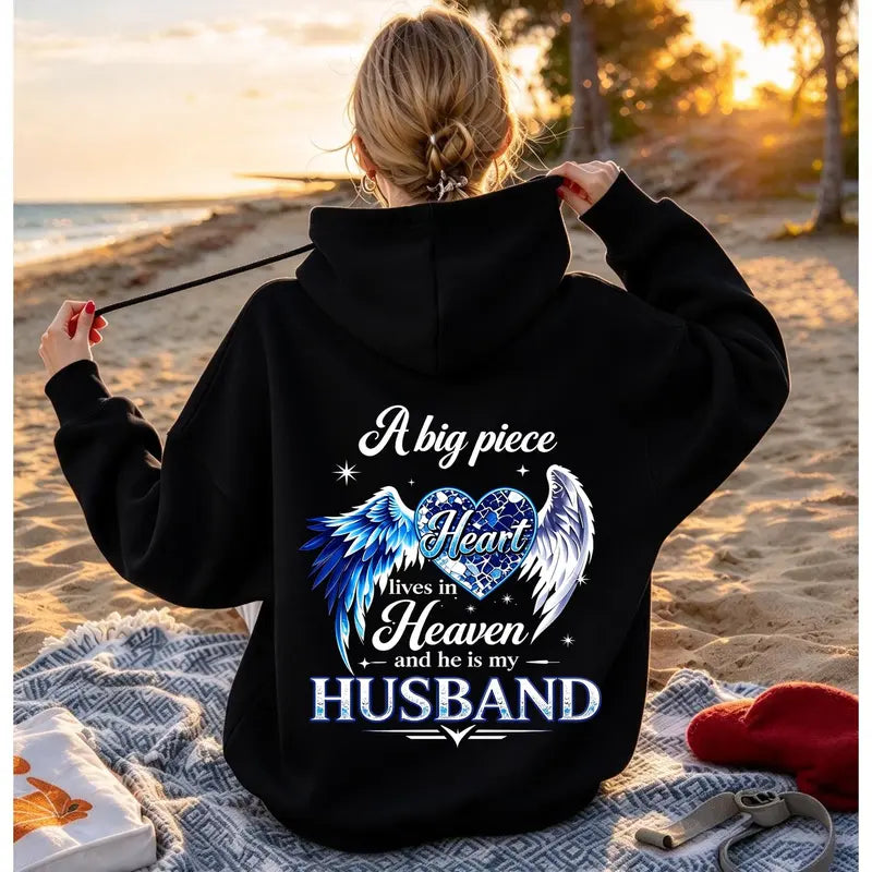 A Big Piece Of My Heart Lives In Heaven Memorial Back Print Hoodie – In Loving Memory Graphic Pullover, Angel Wing Remembrance Sweatshirt, Unisex Heavy Blend