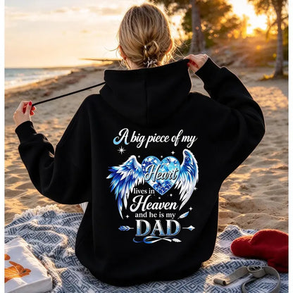 A Big Piece Of My Heart Lives In Heaven Memorial Back Print Hoodie – In Loving Memory Graphic Pullover, Angel Wing Remembrance Sweatshirt, Unisex Heavy Blend