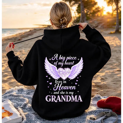 A Big Piece Of My Heart Lives In Heaven Memorial Back Print Hoodie – In Loving Memory Graphic Pullover, Angel Wing Remembrance Sweatshirt, Unisex Heavy Blend