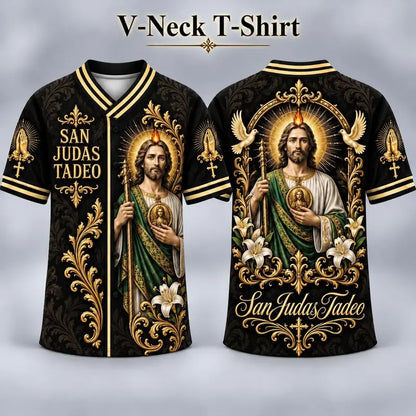 (Pre Order) San Judas Tadeo V-Neck T-Shirt & Baseball Jersey – Religious St. Jude Thaddeus Faith Shirt