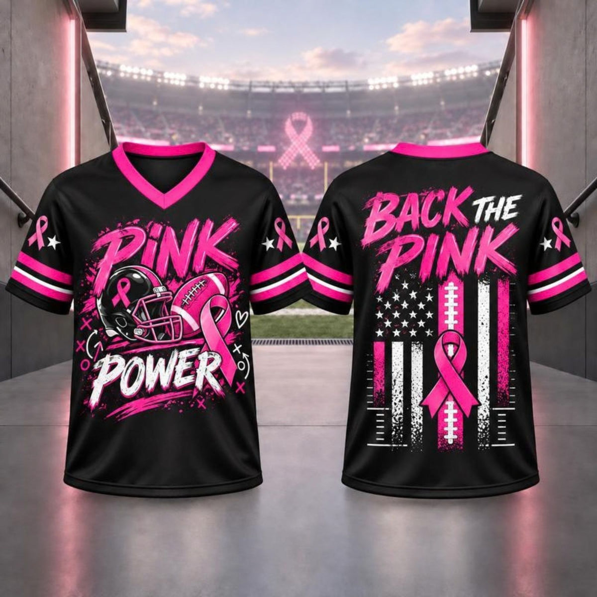 Pink Ribbon Breast Cancer Awareness V-Neck Football T-Shirt – Hope & Support Athletic Graphic Tee