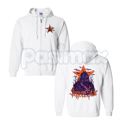 Haunted Manor Zip-Up Hoodie – Spooky Gothic Graphic Sweatshirt, Halloween Dark Cottagecore Outerwear for Men & Women