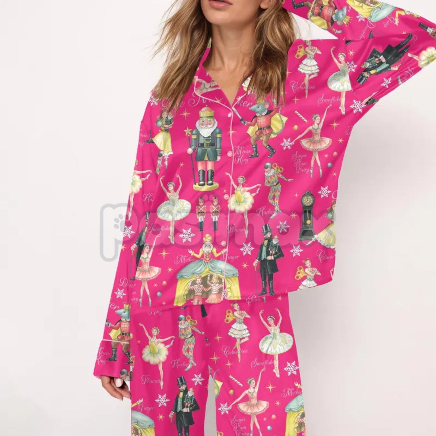 Silky Nutcracker Christmas Pajama Set for Women - Elegant Ballet Print Loungewear & Holiday Sleepwear