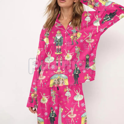 Silky Nutcracker Christmas Pajama Set for Women - Elegant Ballet Print Loungewear & Holiday Sleepwear