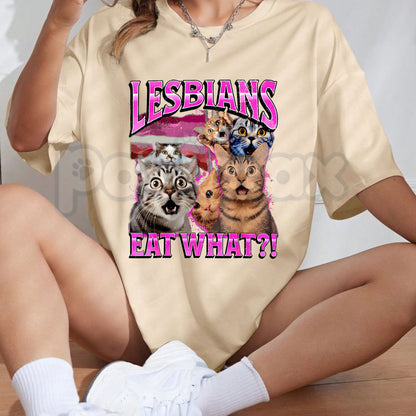 Lesbians Eat What Funny Cat Gay Pride T-Shirt – LGBTQ Sarcastic Pun Graphic Tee