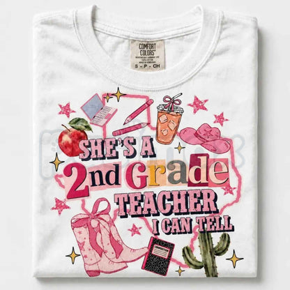 Comfort Colors® "She's A Teacher, I Can Tell" & "Teacher Ellas Fellas" Graphic T-Shirts – Retro Funny Educator Tees, Cute Back-to-School Teacher Gift Bundle, Whimsical Classroom Spirit Unisex Tops