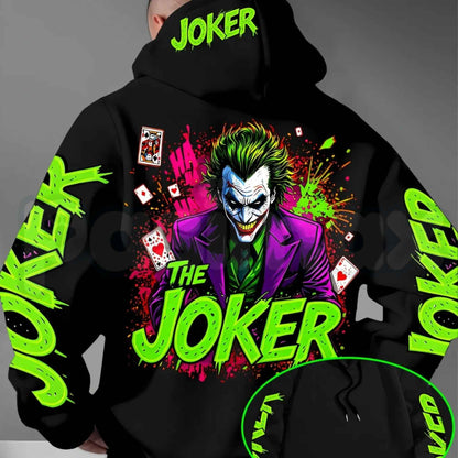 Men's Fluorescent Joker Print Hoodie – Neon Villain Graphic Pullover, Edgy Streetwear Cyberpunk Sweatshirt, Spooky Dark Comedy Gift