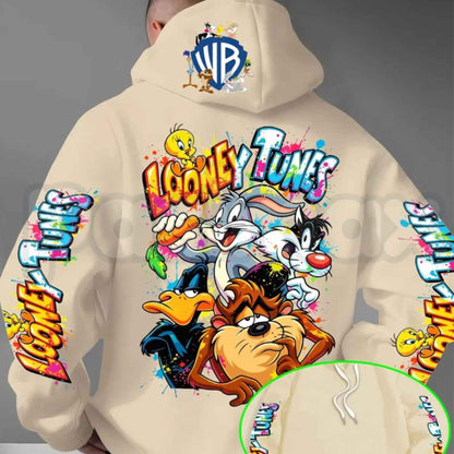 Men's Looney Tunes Back Print Hoodie – Vintage Cartoon Character Graphic Pullover, Retro Streetwear Long Sleeve Sweatshirt