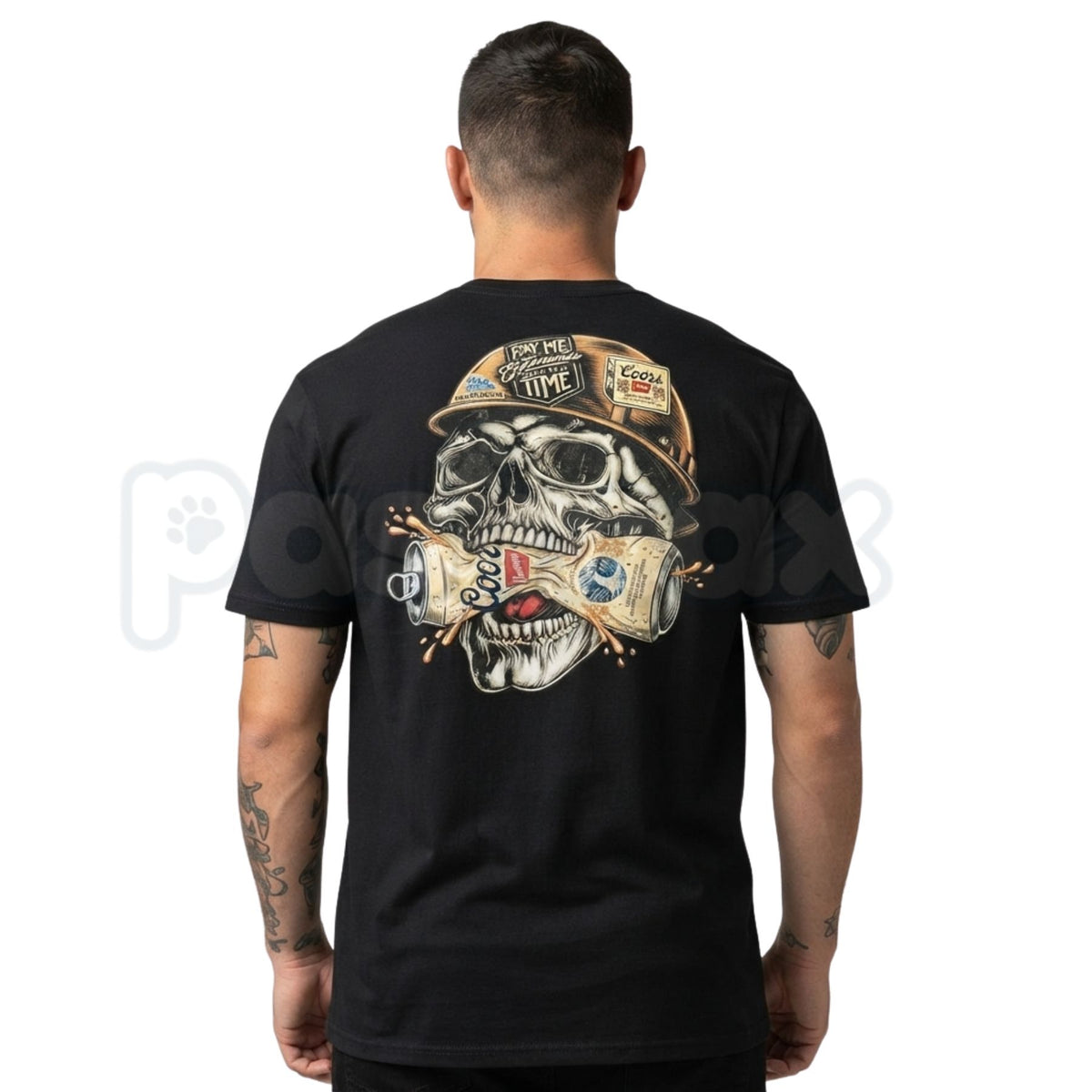 Skull Hard Hat Beer Can Back Print T-Shirt – Blue Collar Biker Graphic Tee