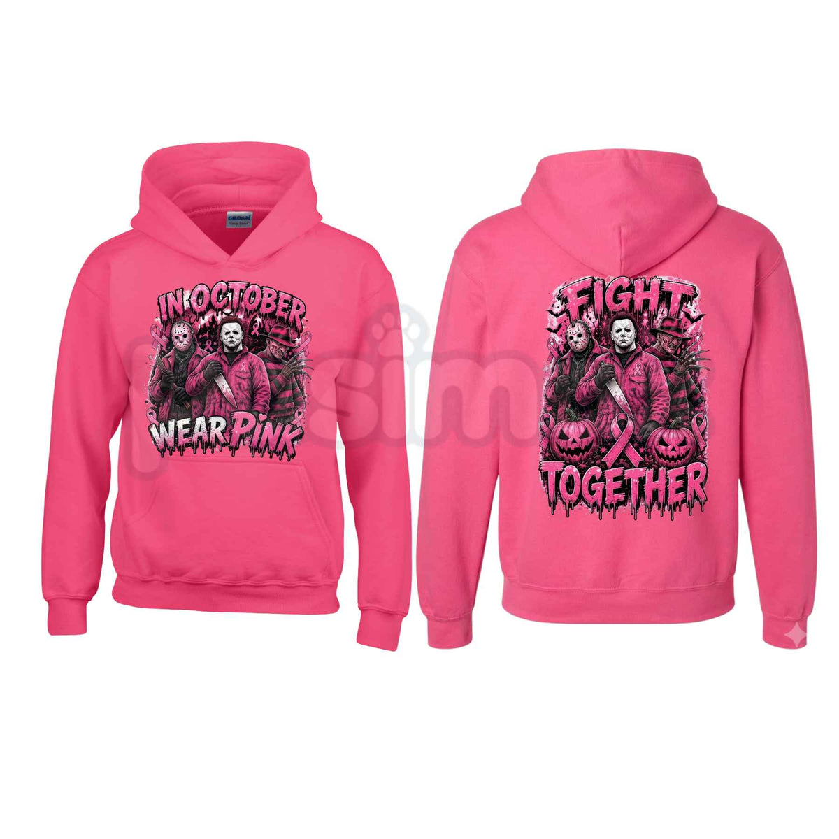 Heliconia Horror October Hoodie – In October We Wear Pink Scary Movie Character Pumpkin Bat Graphic Pullover, Halloween Breast Cancer Awareness Sweatshirt