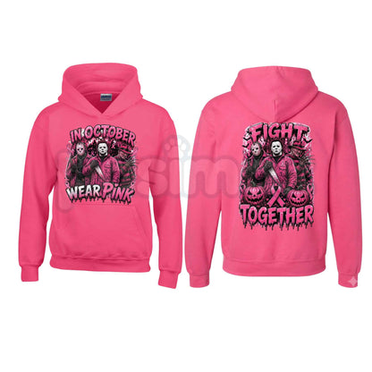 Heliconia Horror October Hoodie – In October We Wear Pink Scary Movie Character Pumpkin Bat Graphic Pullover, Halloween Breast Cancer Awareness Sweatshirt