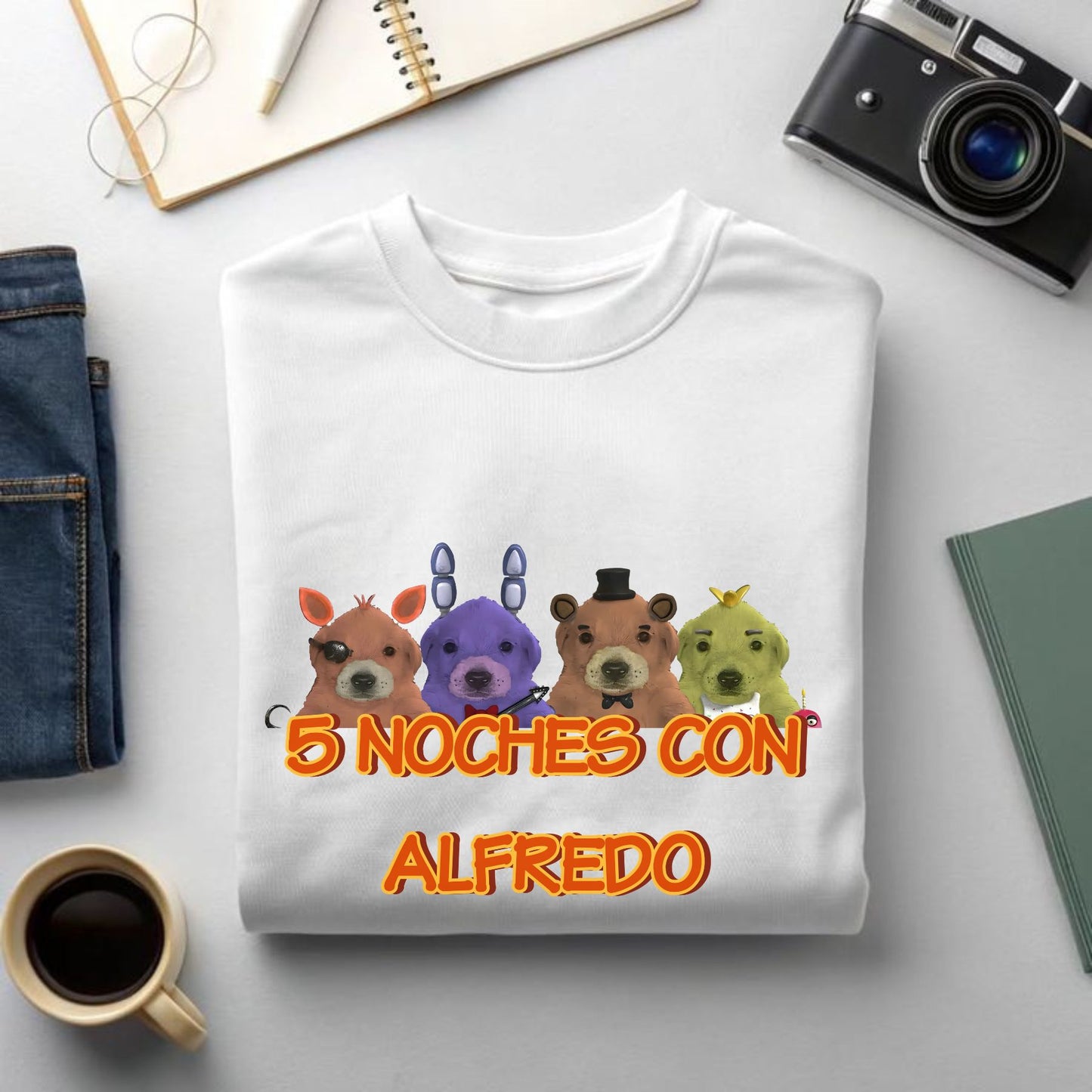"5 Noches Con Alfredo" T-Shirt - Retro Horror Gaming Tee, Five Nights At Freddy's Inspired Apparel