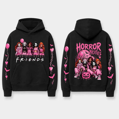 Unisex Pink Breast Cancer Awareness Horror Print Hoodie – Scary Movie Character Graphic Pullover, Halloween Pink Ribbon Support Sweatshirt