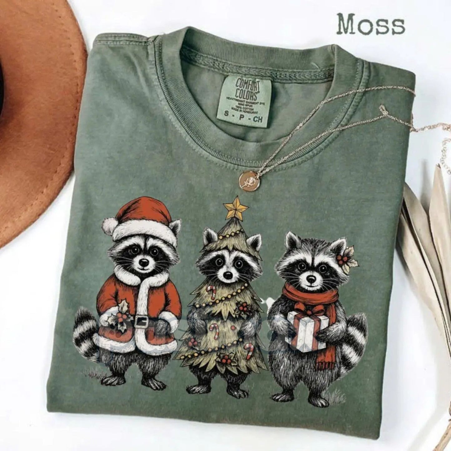 Comfort Colors® Festive Raccoon Family T-Shirt – Adorable Woodland Christmas Tee, Santa Hat Animal Gift