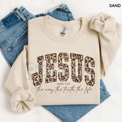 Christian Jesus Leopard Sweatshirt | Cheetah Print Faith Crewneck | Modern Bible Verse Shirt for Women