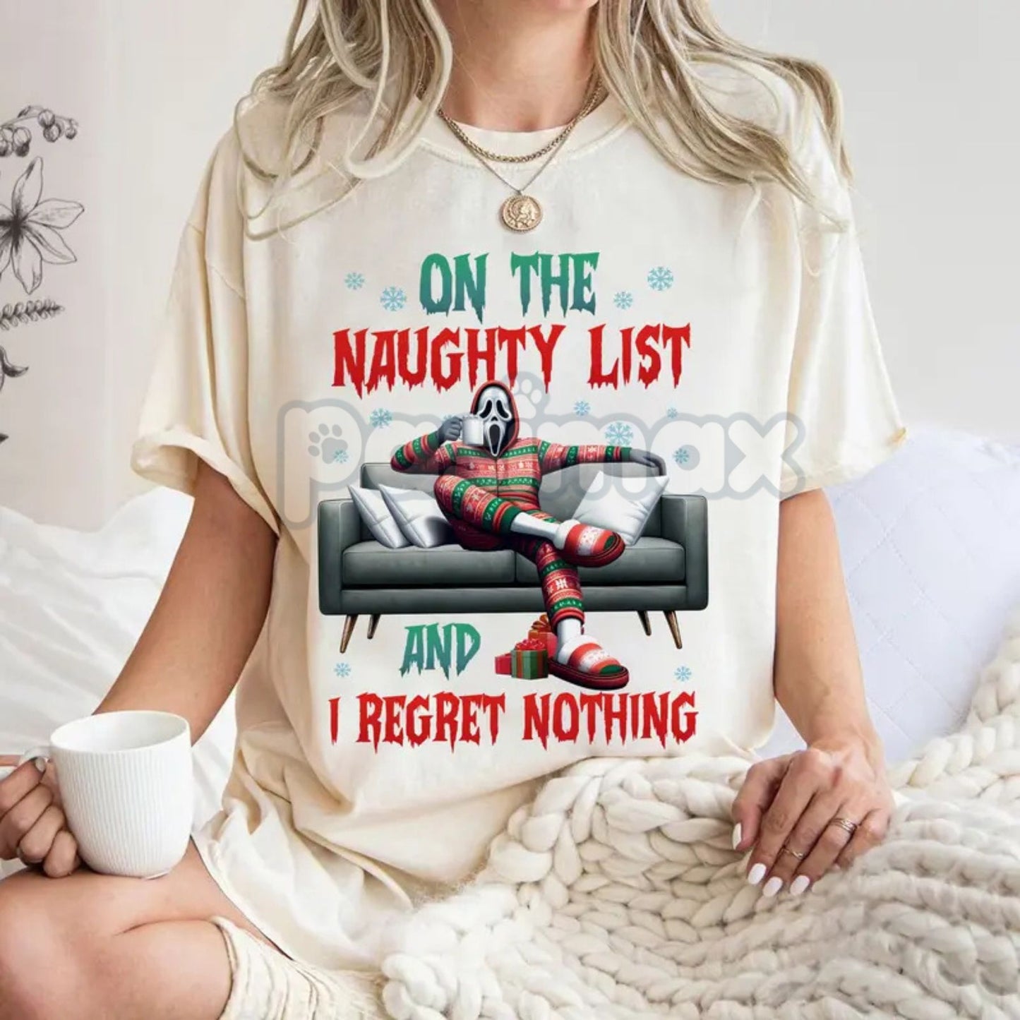 "On The Naughty List And I Regret Nothing" Christmas Shirt - Christmas Halloween Characters Tee, Team Naughty