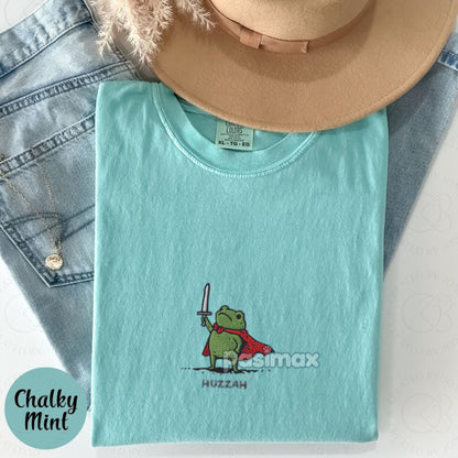 Medieval Frog Knight Comfort Colors T-Shirt – Embroidered Whimsical Fantasy Tee