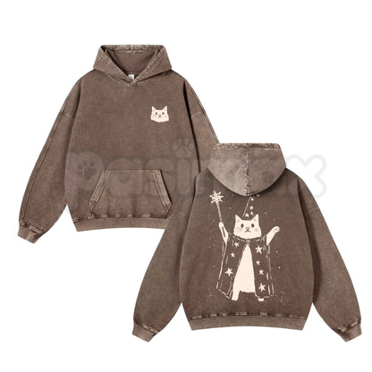 Vintage Washed Cotton Blend Wizard Cat Hoodie – Longsleeve Graphic Pullover, Pre-Shrunken Aesthetic Streetwear