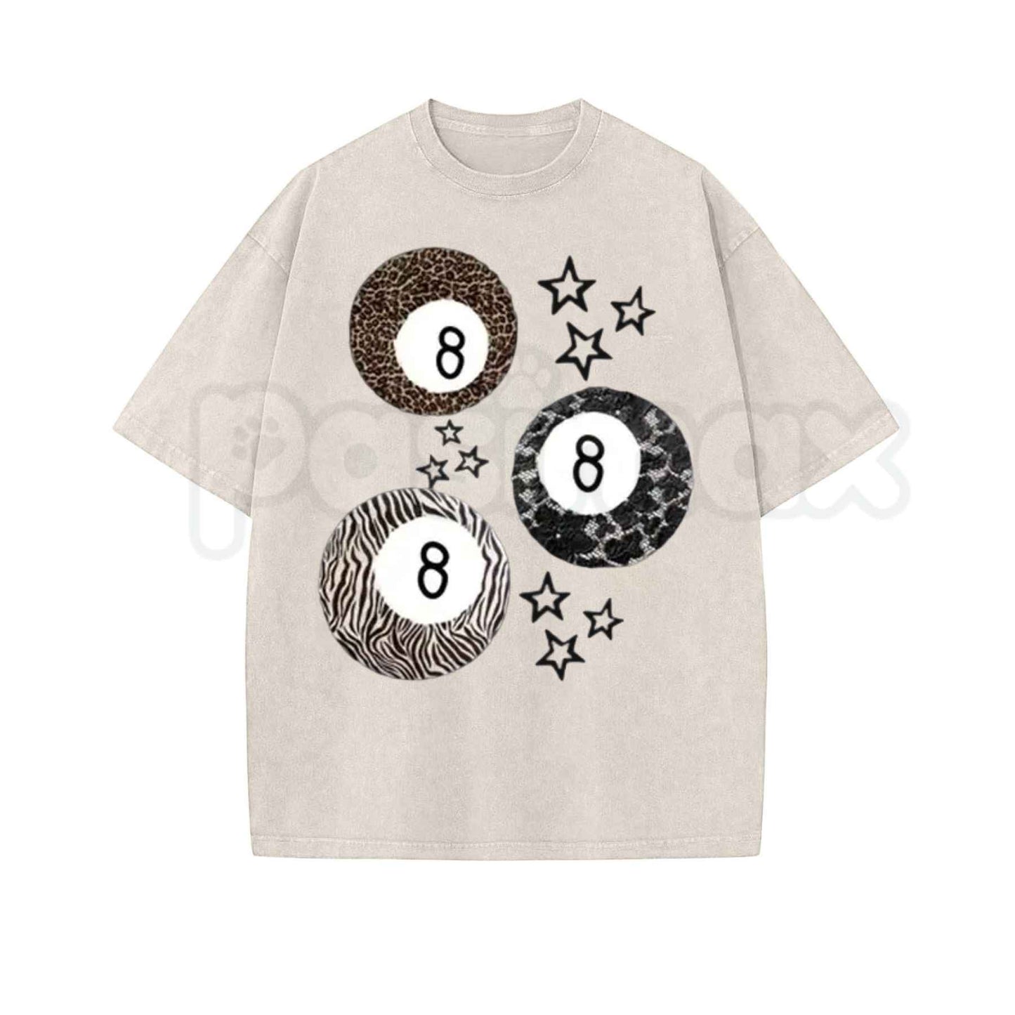 8 Ball Leopard and Stars Print T-Shirt – Retro Y2K Graphic Tee, Vintage Acid Washed Soft Breathable Cotton Unisex Streetwear Top