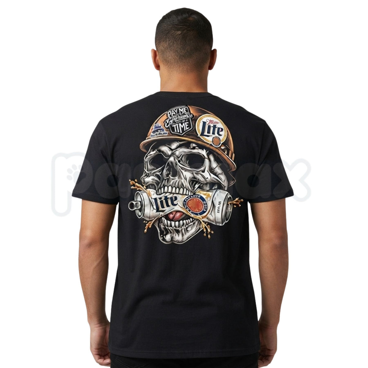 Skull Hard Hat Beer Can Back Print T-Shirt – Blue Collar Biker Graphic Tee