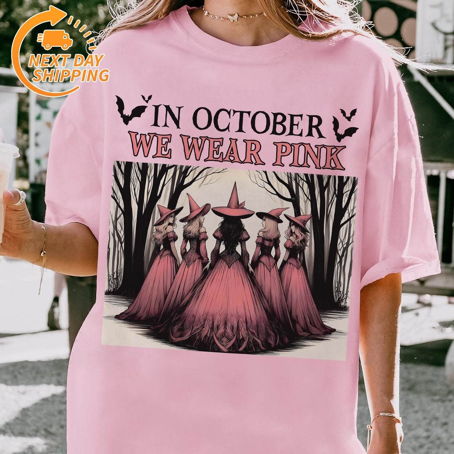 "In October We Wear Pink" Horror T-Shirt - Halloween Breast Cancer Awareness Tee, Cancer Survivor Support Squad Shirt